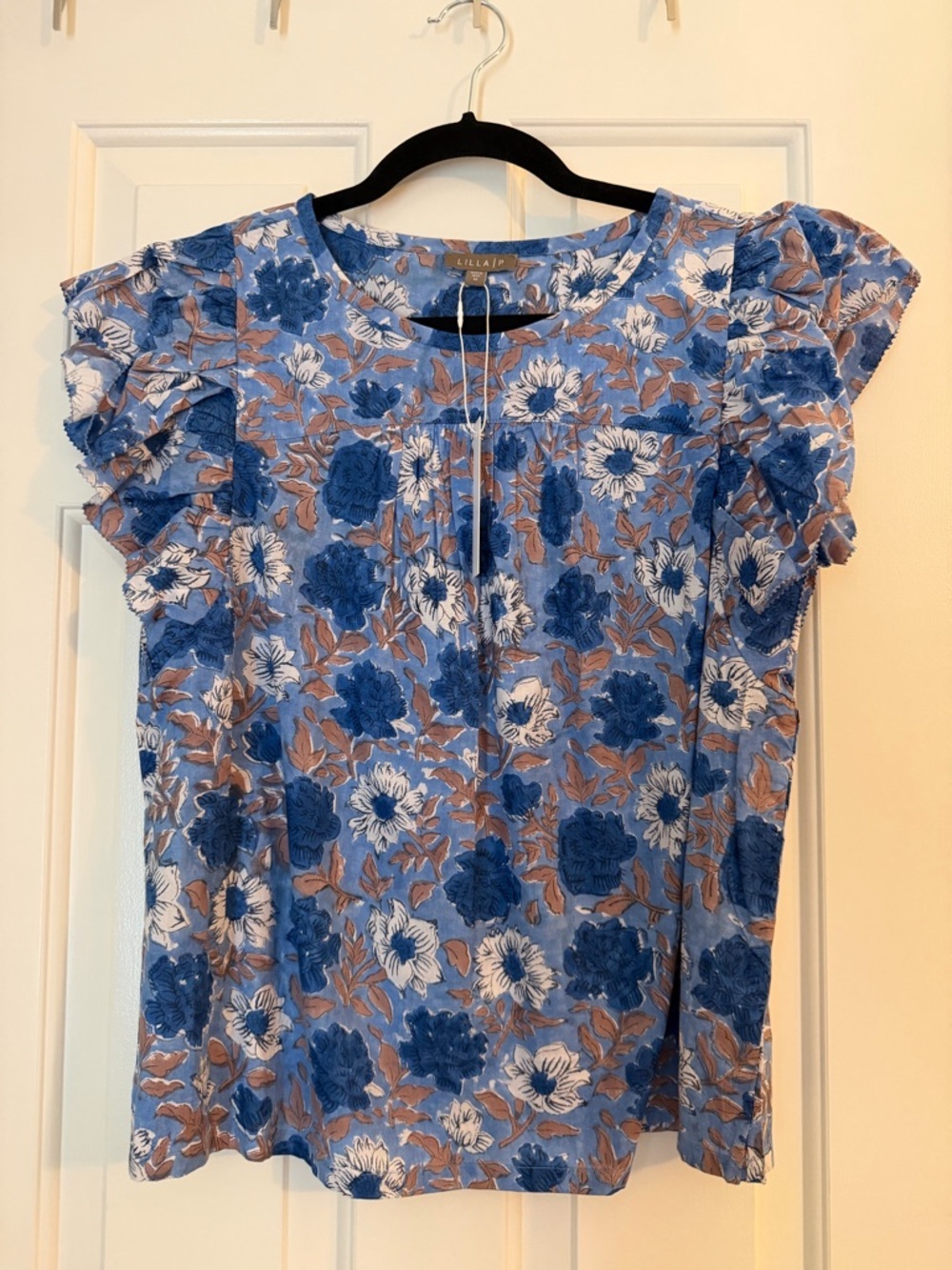 Lilla P Blue Floral Tie-Neck Flutter Sleeve Top